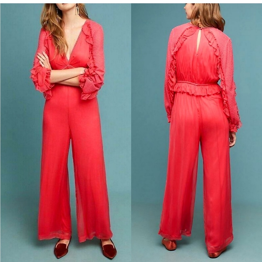Anthropologie Blank London gauzy boho silk coral jumpsuit